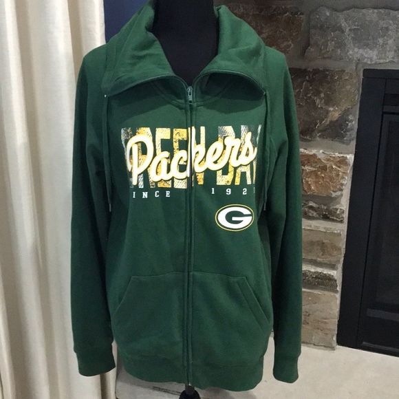 NFL Team Apparel Tops - NFL Team Apparel Women's GREEN BAY PACKER Foldover Neck Zip Hoodie, Large